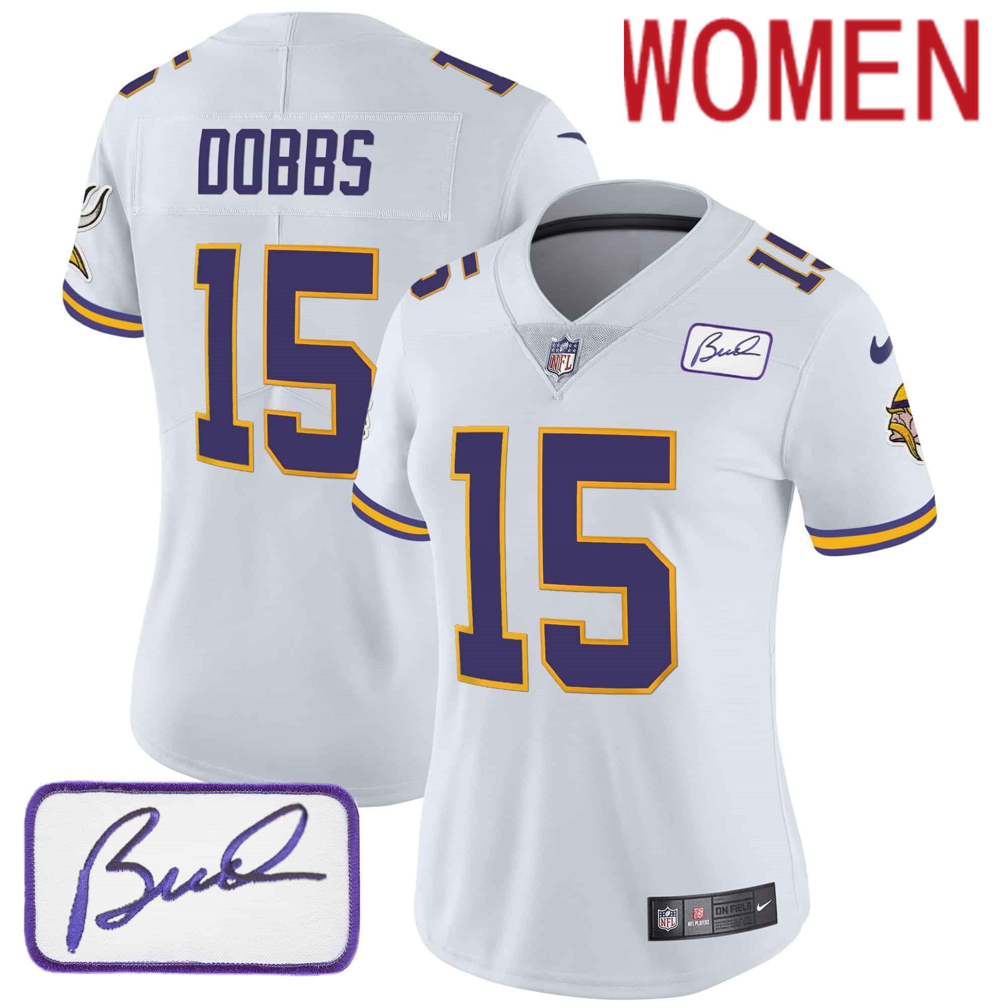 Women Minnesota Vikings #15 Dobbs White 2024 Nike Patch Classic Limited NFL Jersey